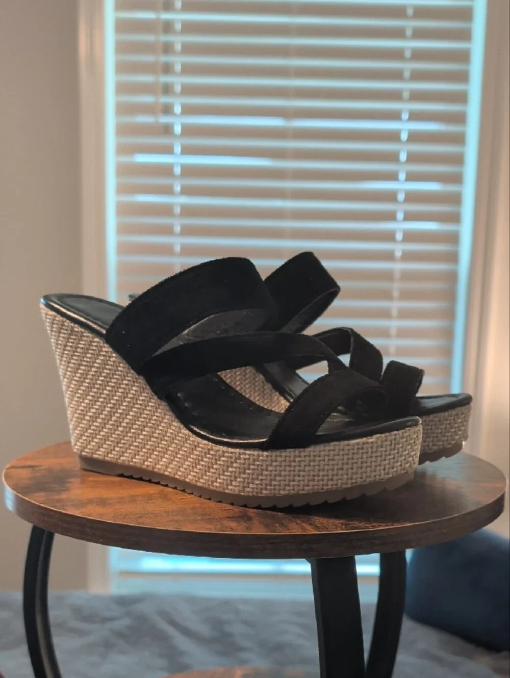 Black Wedge Slide Sandals with Espadrille Platform
